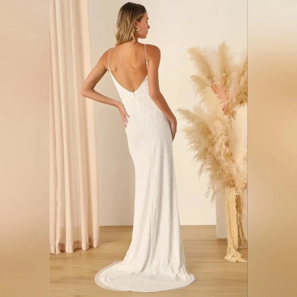 Lulu's Bridal Cherished Vow White Beaded Backless Mermaid Maxi Dress Bride Party - Picture 5 of 12